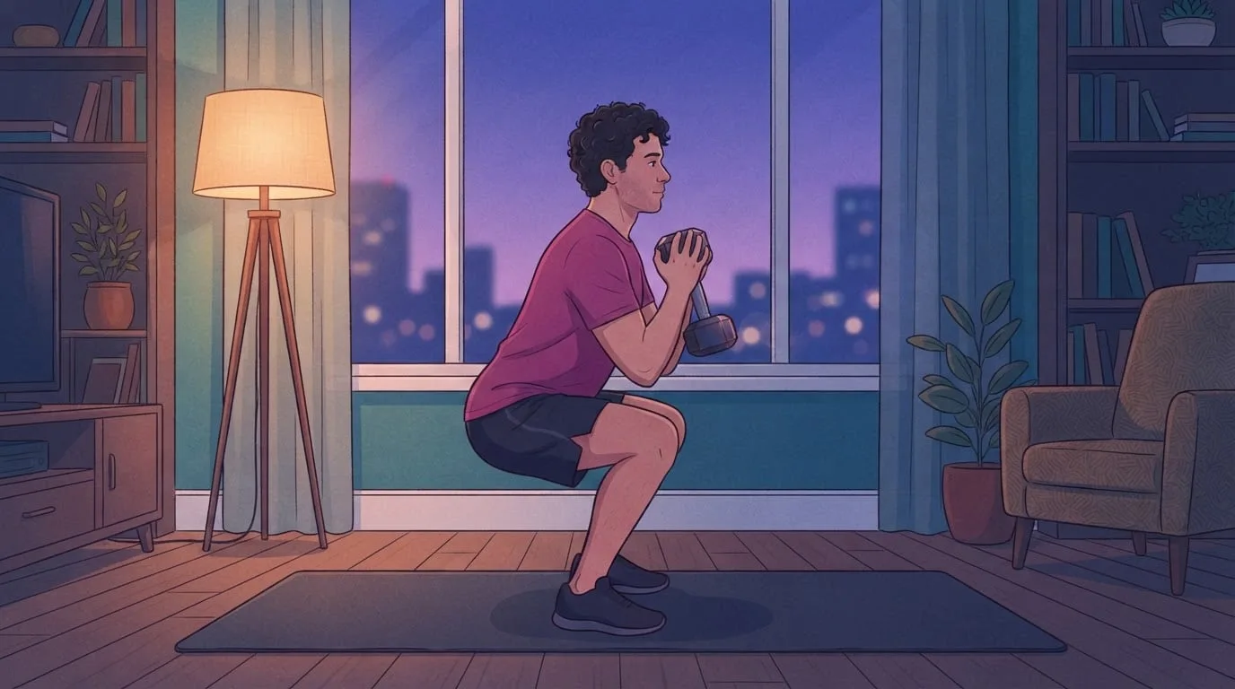 A man in his thirties in a magenta t-shirt doing a dumbbell goblet squat on a mat in his living room in the early evening, a floor lamp glowing beside a window with a violet city sky