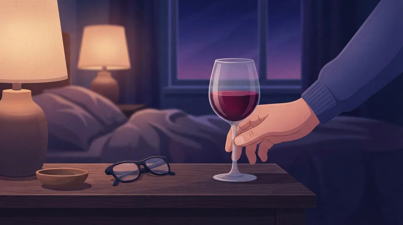 Close-up of a man's hand setting a half-finished glass of red wine on a wooden bedside table at night, next to reading glasses and a small dish, a warm lamp glowing and the bed blurred behind