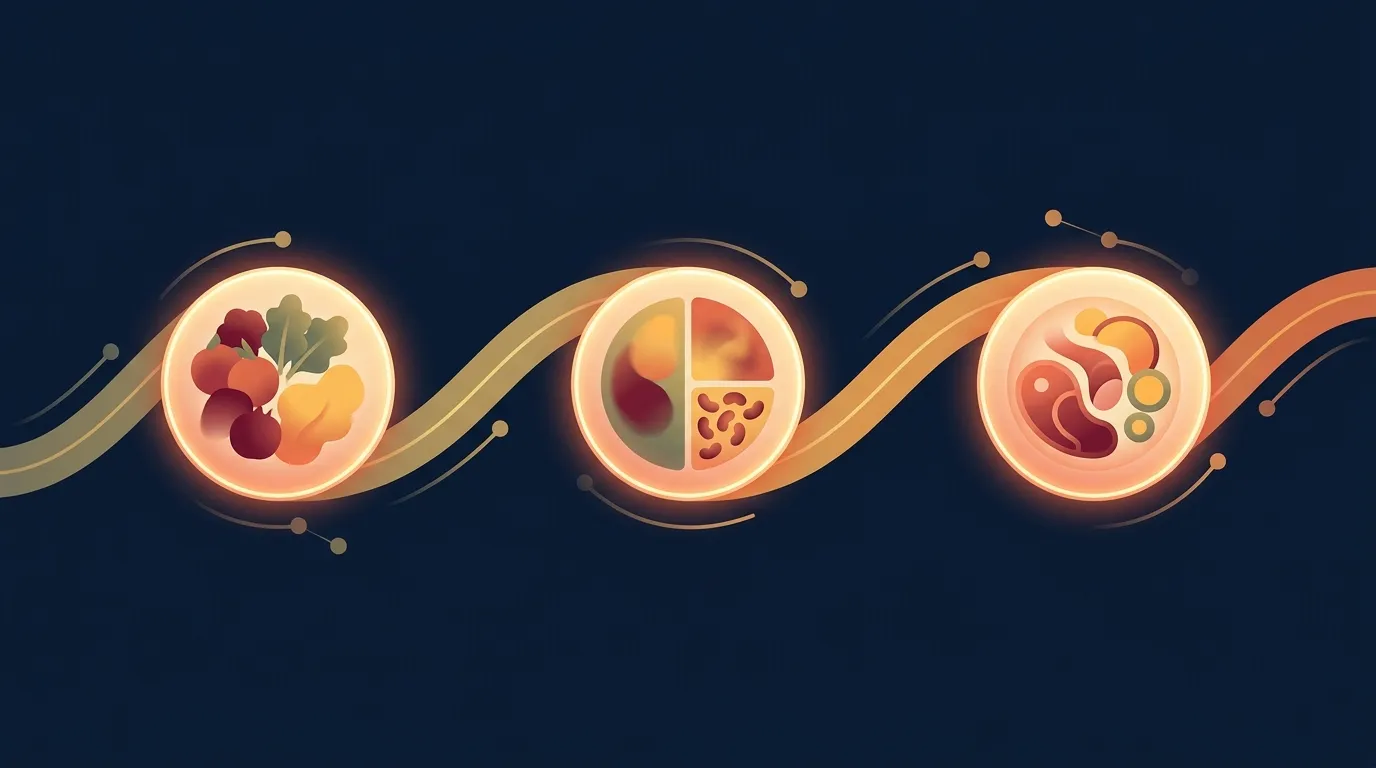 Ilustração editorial de uma pessoa escolhendo entre diferentes formatos de padrão alimentar em uma linha do tempo horizontal, simbolizando que o padrão certo depende da rotina, da fome e dos objetivos de proteína