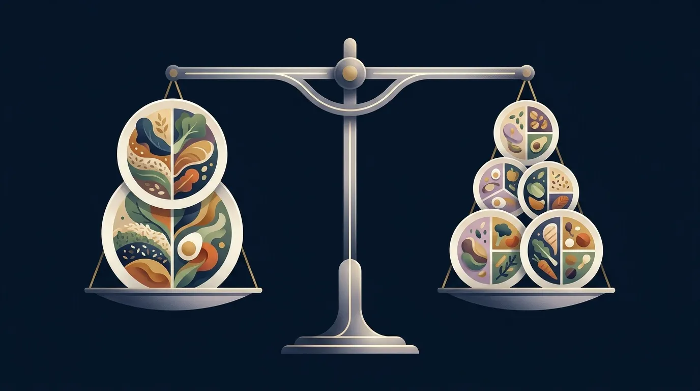 Ilustração editorial de uma balança com refeições dispostas dos dois lados, simbolizando que a frequência das refeições não pesa os resultados de perda de peso em favor de nenhum padrão específico
