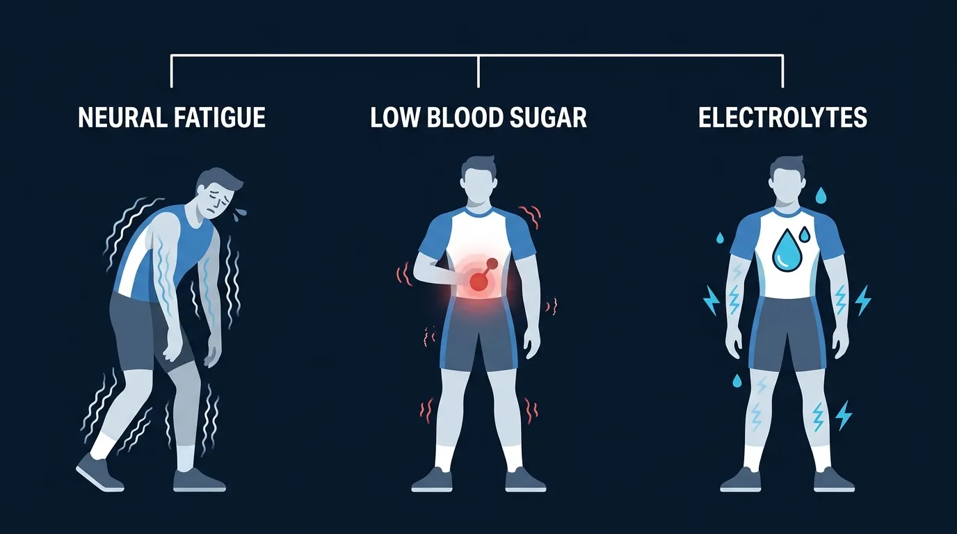 Editorial illustration of three causes of post-exercise shaking shown as three stylized figures labeled neural fatigue, low blood sugar, and electrolytes