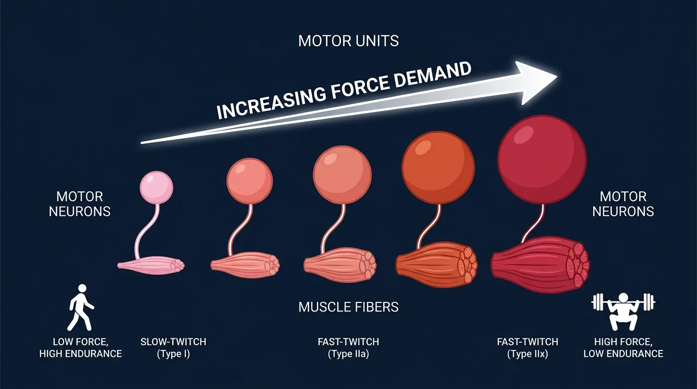 Editorial illustration of the Henneman size principle showing motor units from smallest slow-twitch on the left to largest fast-twitch on the right, recruited in order as force demand increases