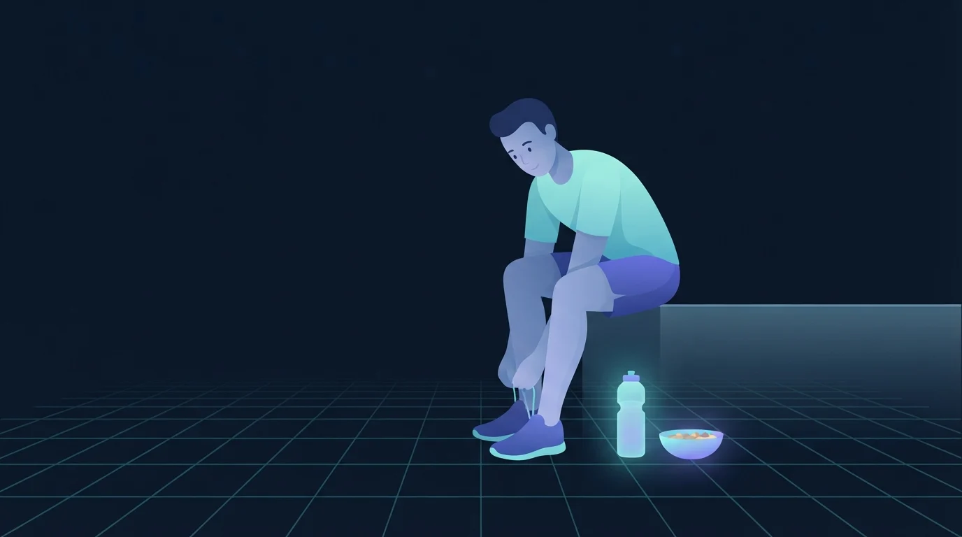 Um corredor com roupa esportiva sentado em um muro baixo amarrando um tênis ao lado de uma garrafa de água simples e uma pequena tigela de comida no chão, a garrafa brilhando suavemente com luz fria