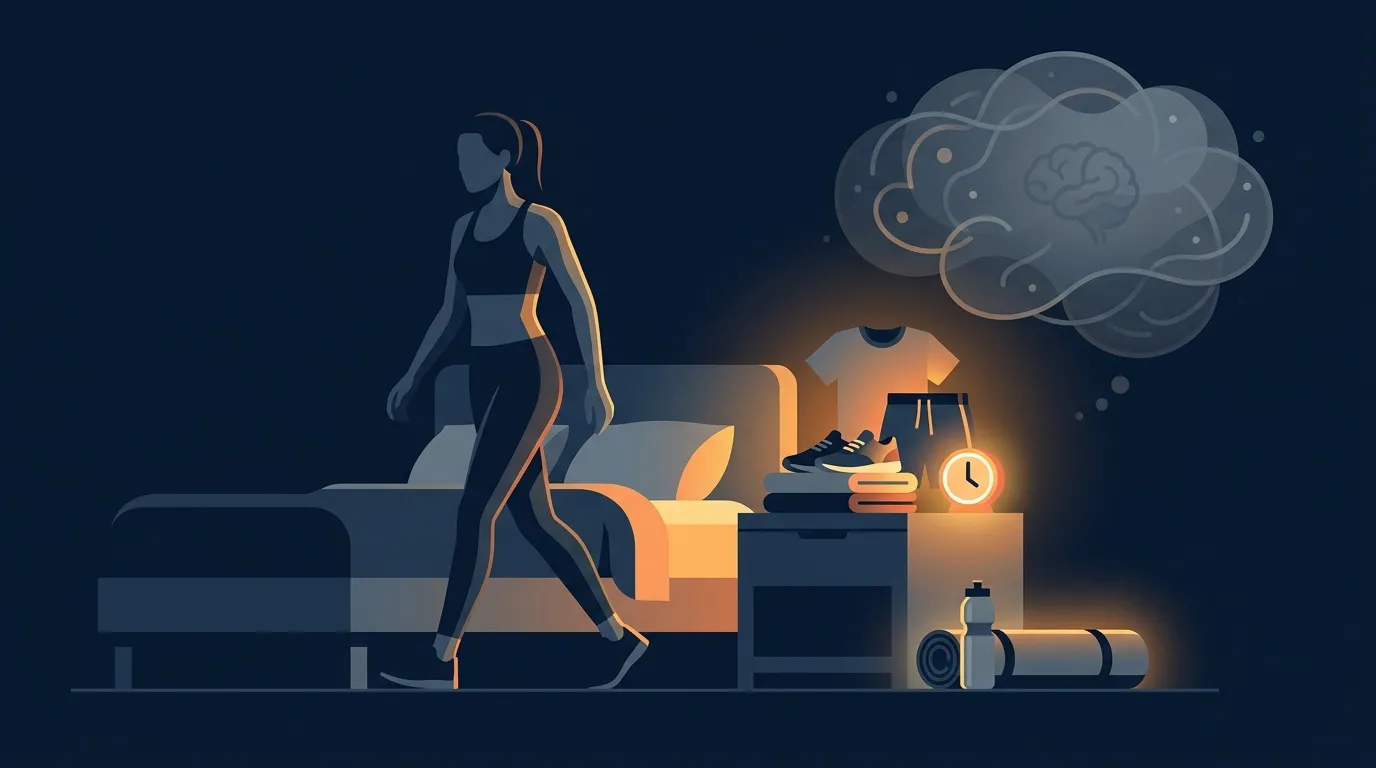 Ilustración conceptual de una figura atlética rodeada de señales de diseño ambiental como una bolsa de gimnasio preparada, un bloque de calendario programado y ropa de entrenamiento preparada, contrastada con un ícono de cerebro desechado etiquetado como fuerza de voluntad para transmitir que el entorno supera a la disciplina para la consistencia en el fitness