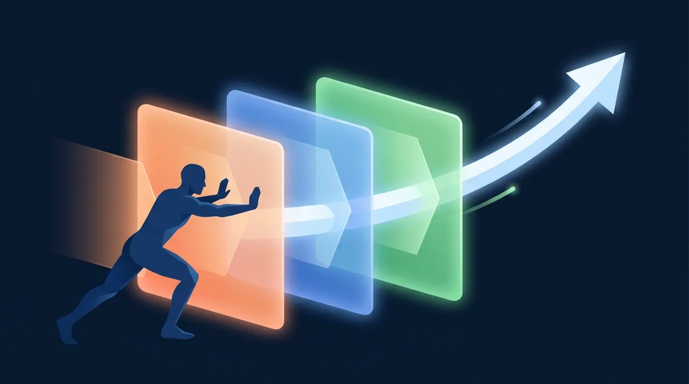 Ilustración conceptual de una figura atlética empujando a través de barreras estructurales etiquetadas como formación de hábitos, incomodidad del ejercicio y variabilidad en la respuesta individual para mostrar que ponerse en forma es estructuralmente difícil y no un problema de disciplina