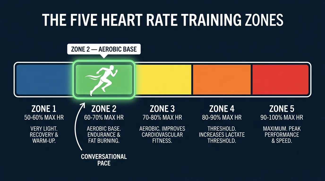 Illustration of five heart rate training zones with Zone 2 highlighted at 60-70% of maximum heart rate, showing conversational pace range
