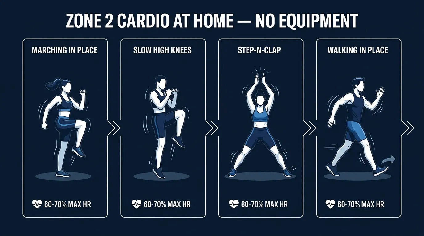 Four-panel illustration showing marching in place, slow high knees, step-n-clap, and walking in place as home Zone 2 cardio options