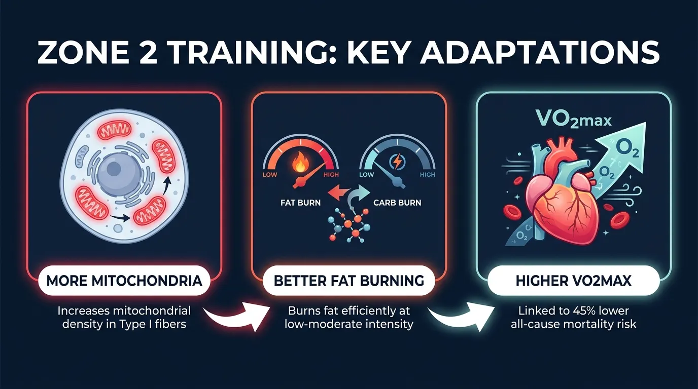 Infographic showing Zone 2 training adaptations: mitochondrial biogenesis, metabolic flexibility, and VO2max improvement over time