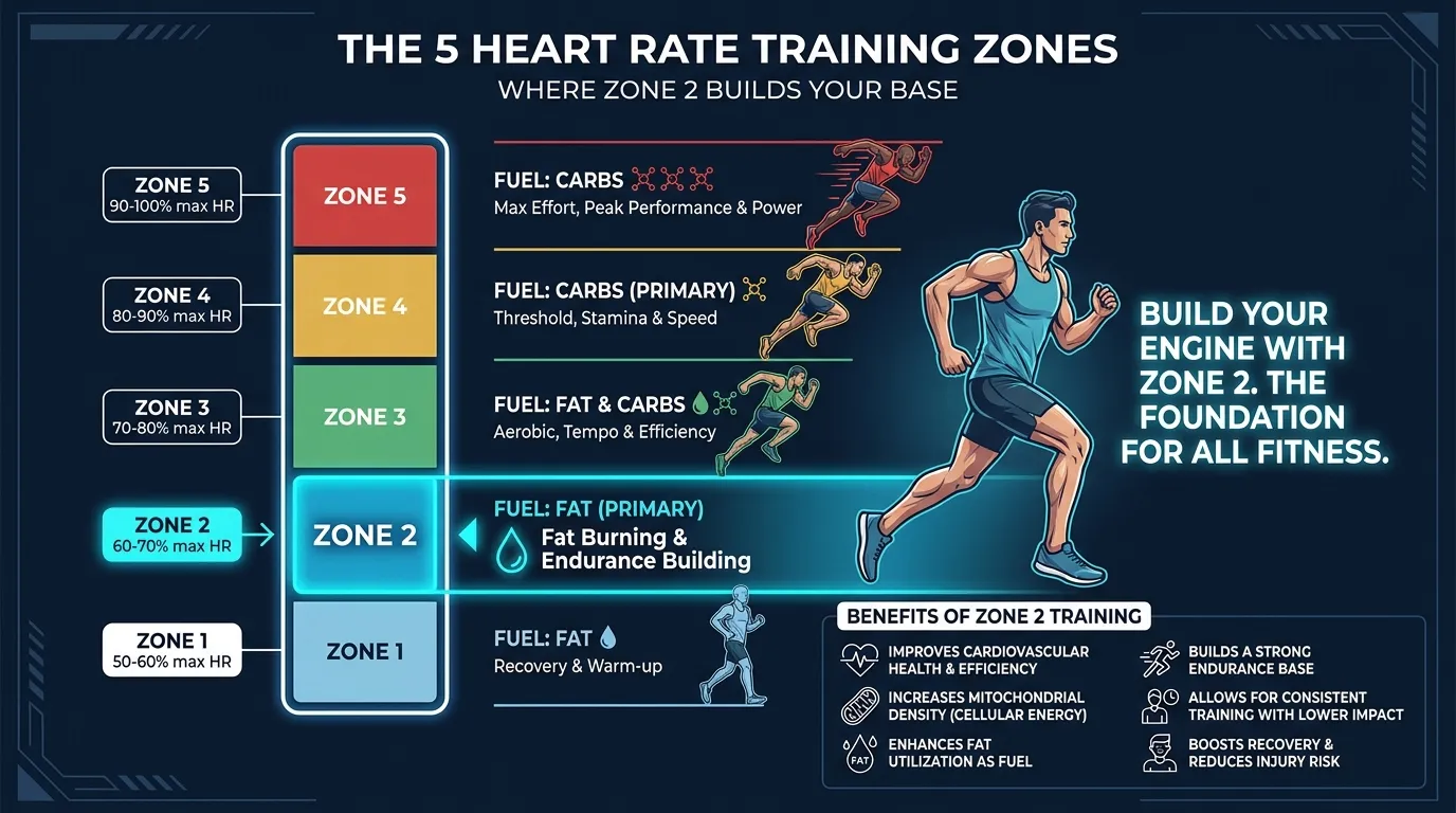 Five heart rate training zones infographic showing Zone 2 at 60-70% max heart rate for fat oxidation and aerobic base building