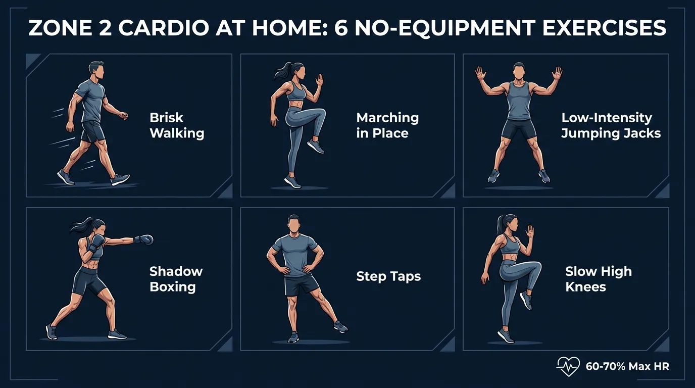 Six no-equipment Zone 2 cardio exercises at home: brisk walking, marching in place, low-intensity jumping jacks, shadow boxing, step taps, and slow high knees