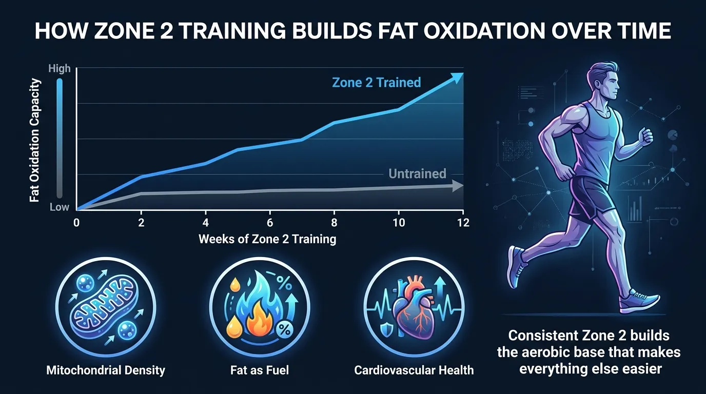 Chart showing how Zone 2 cardio training increases mitochondrial density and fat oxidation capacity over 8-12 weeks of consistent training