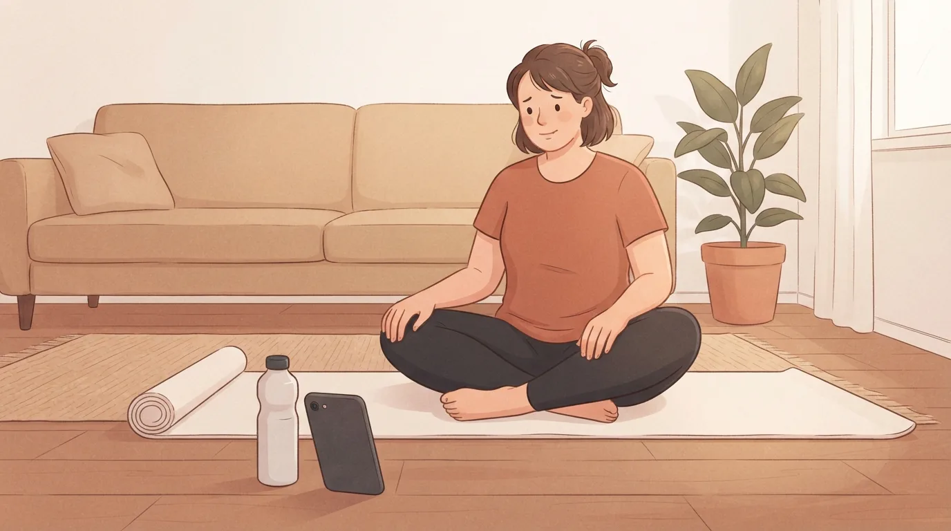 A beginner on an exercise mat in her living room, a little unsure, with her phone propped on the floor as she gets ready to start a beginner workout app