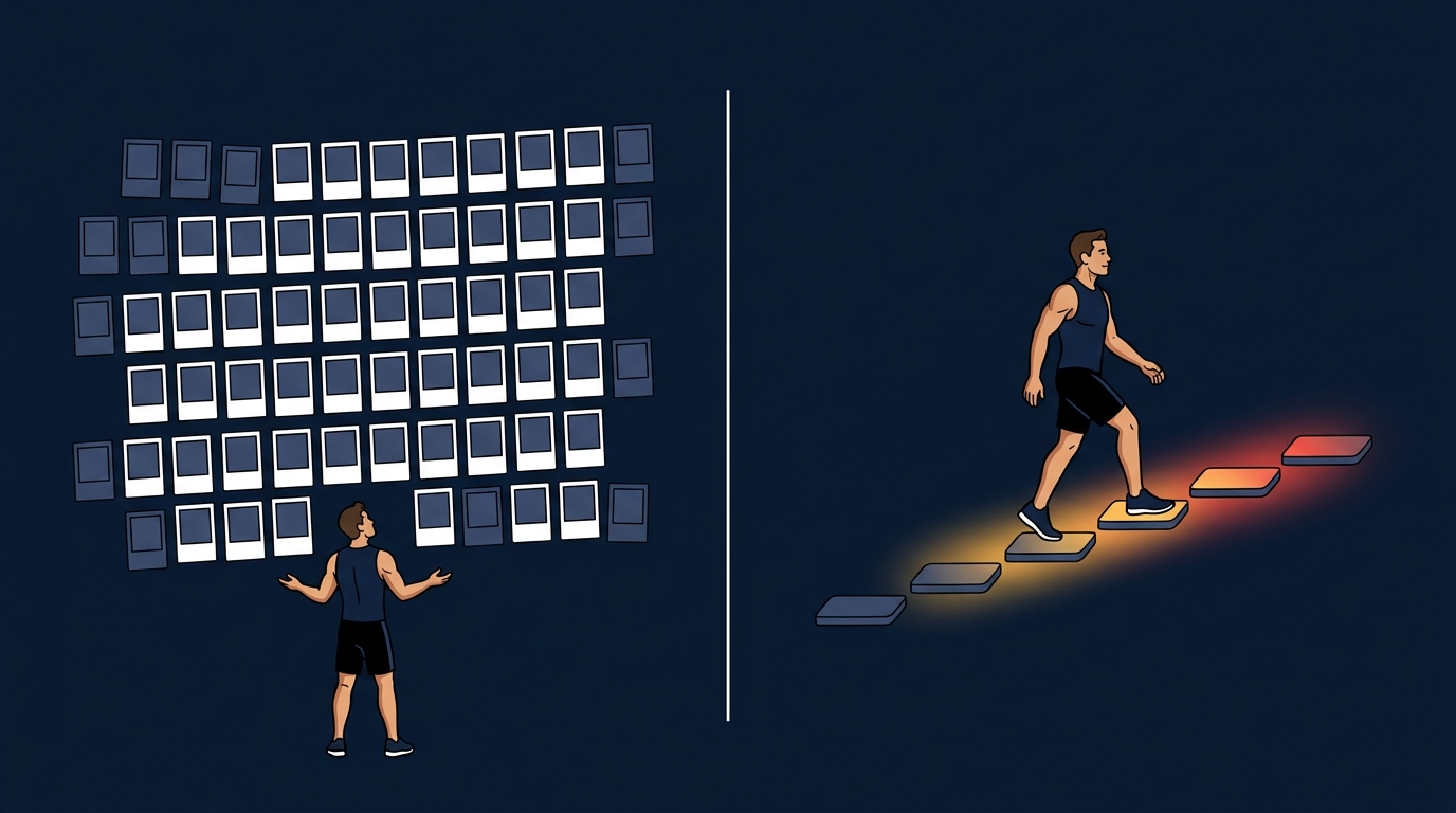 Illustration contrasting a free workout app library with a paid coached training program