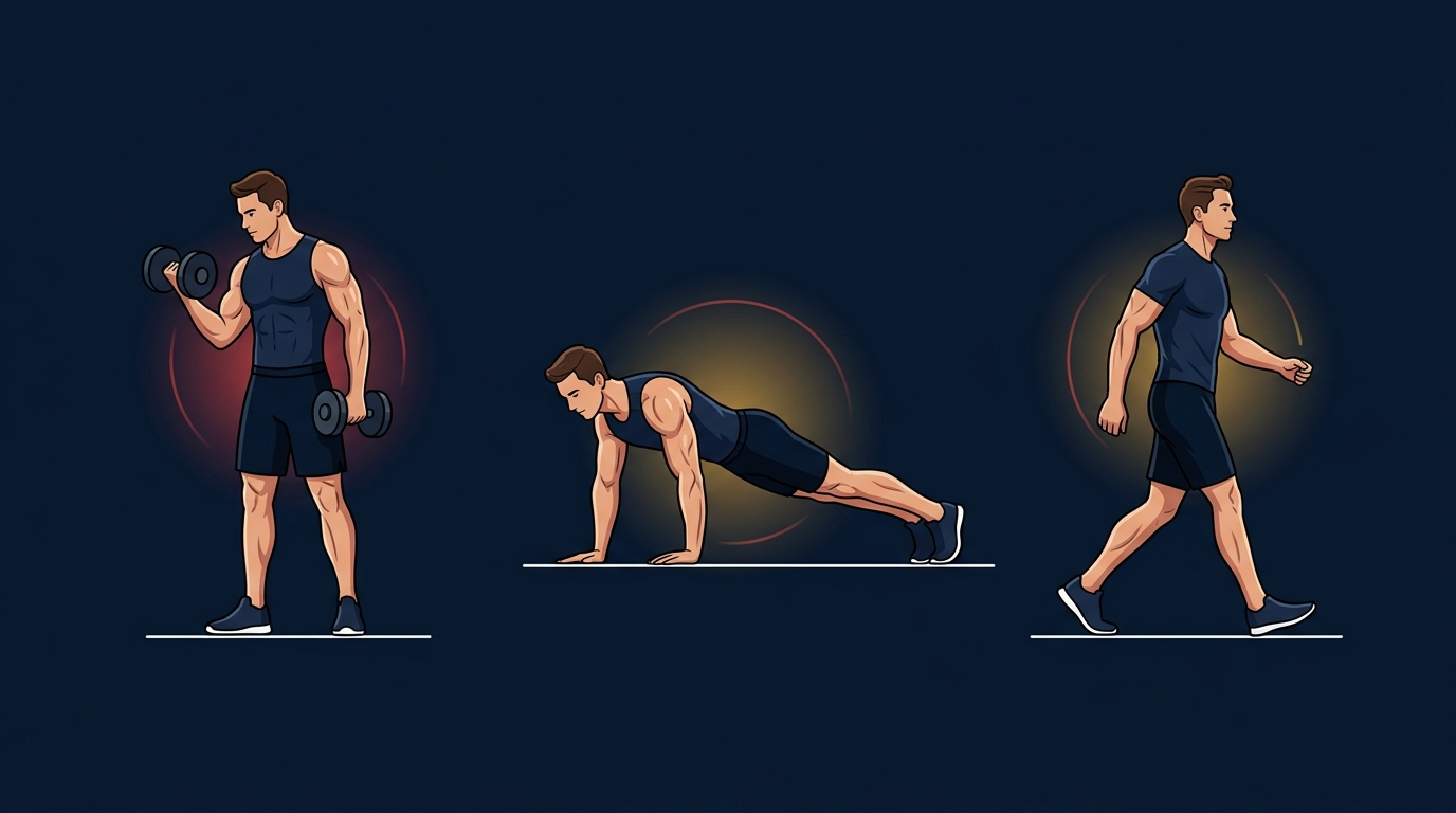 Illustration of three men training toward different goals: building muscle, losing weight, and staying consistent