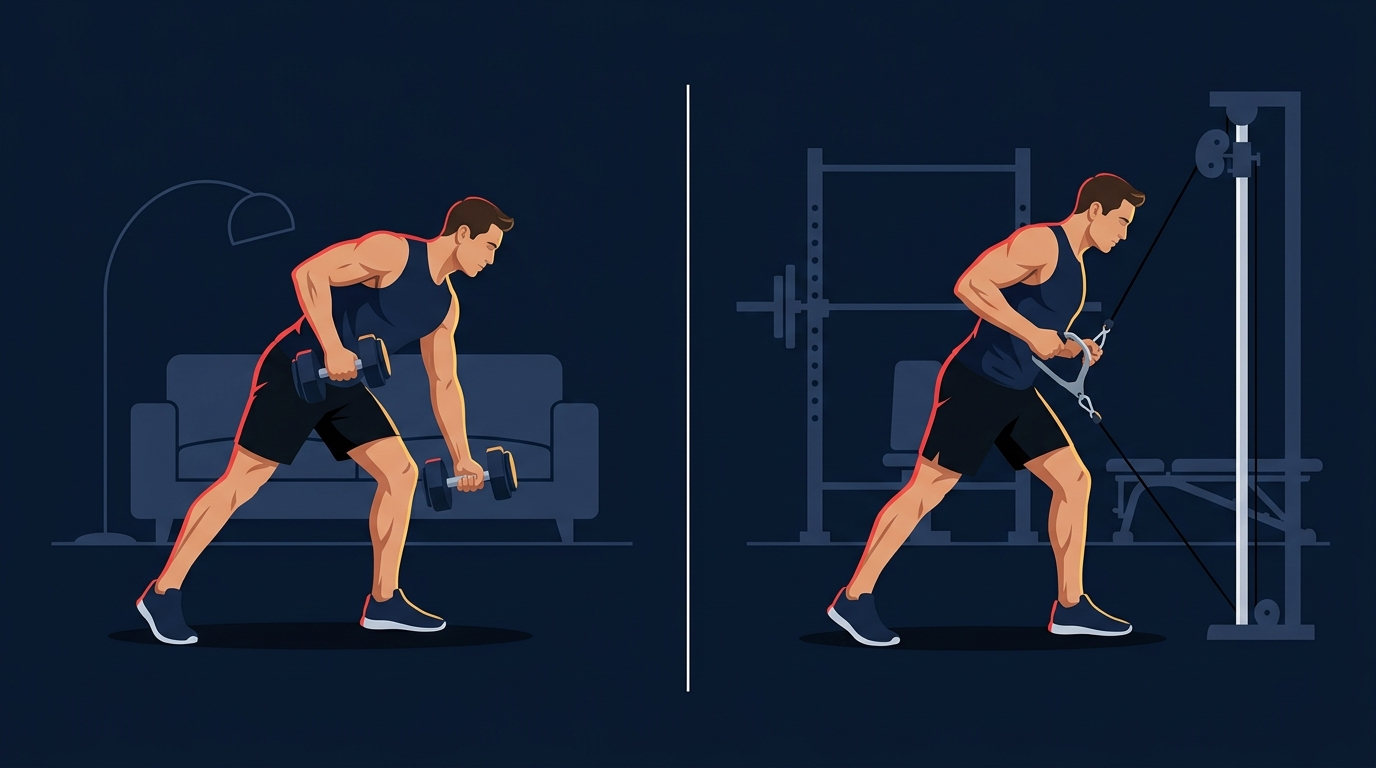 Split illustration comparing a man training at home with dumbbells and a man training in a commercial gym