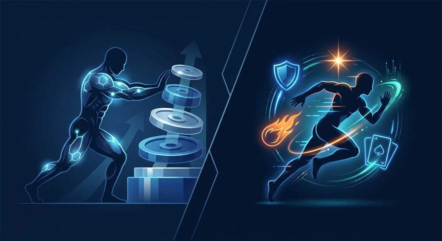 Comparação lado a lado do coaching gamificado com IA do FitCraft versus o app de treinamento focado em hipertrofia Alpha Progression