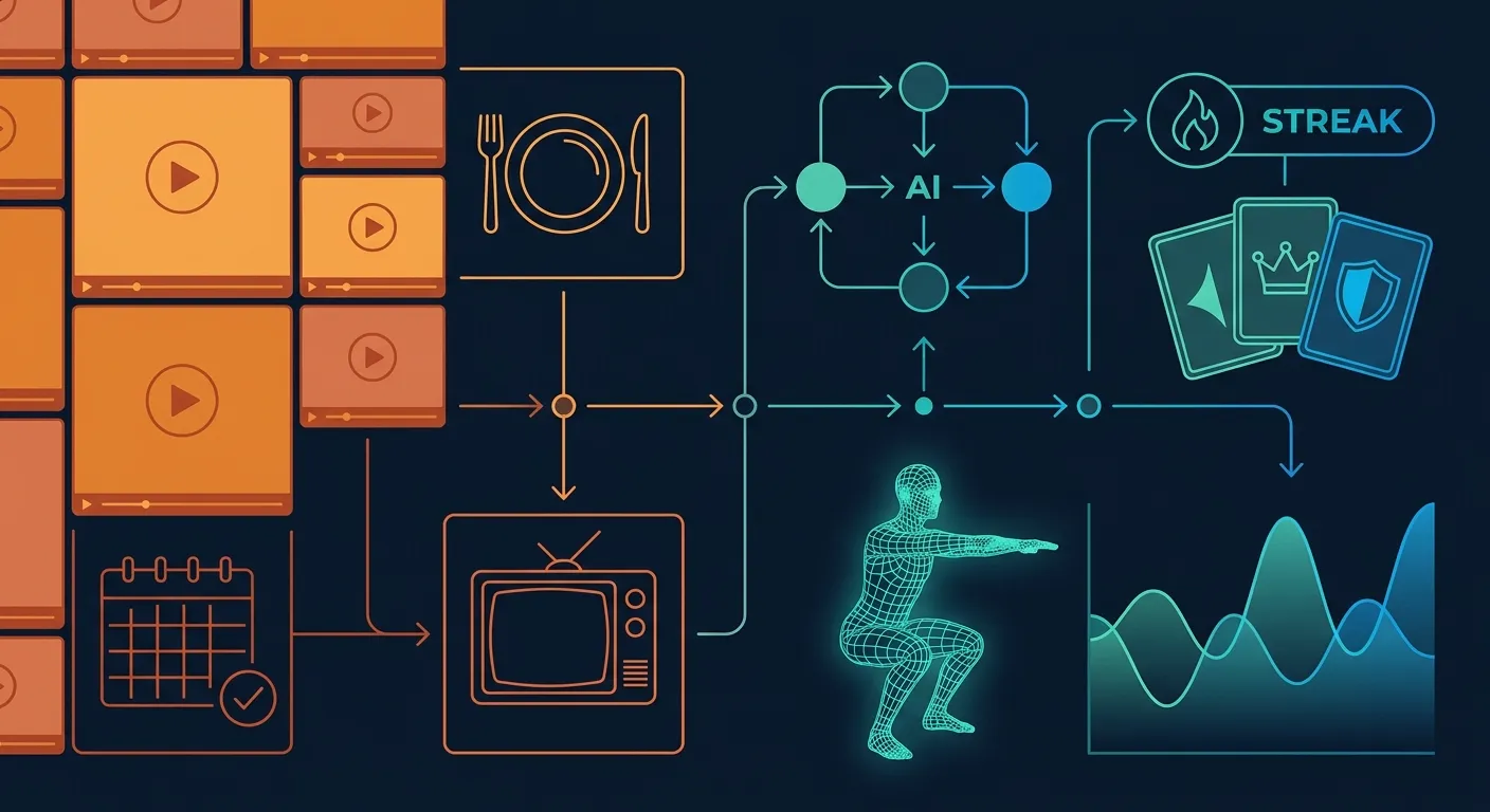 Comparação de recursos mostrando diferenças de personalização com IA, mecânicas de gamificação e biblioteca de conteúdo entre coaching adaptativo e plataformas de fitness baseadas em vídeo