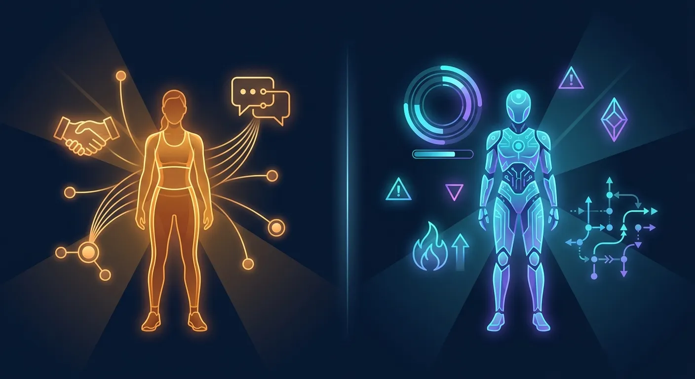 Comparação lado a lado do coaching gamificado com IA do FitCraft versus as abordagens de coaching humano baseado em ciência do Caliber