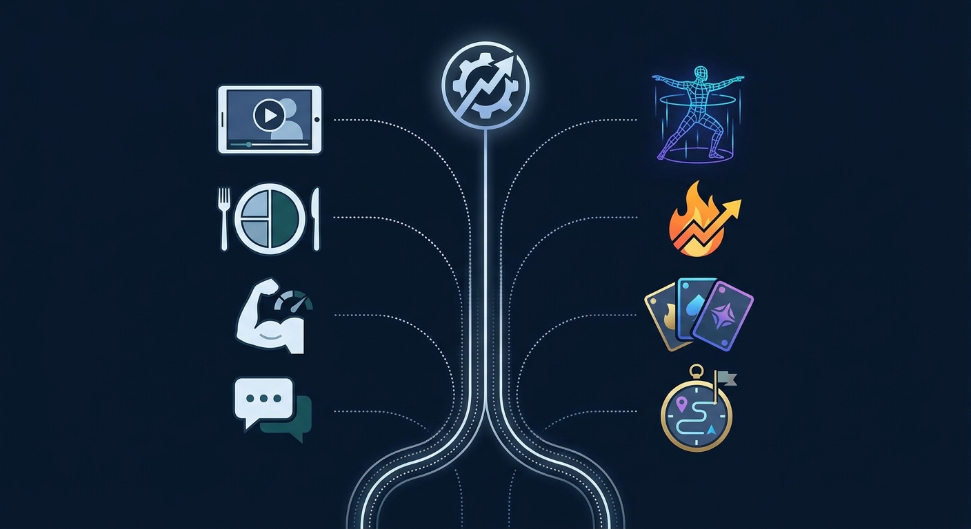 Feature comparison highlighting AI coaching, gamification mechanics, human coaching, nutrition support, and progressive overload tracking across fitness apps