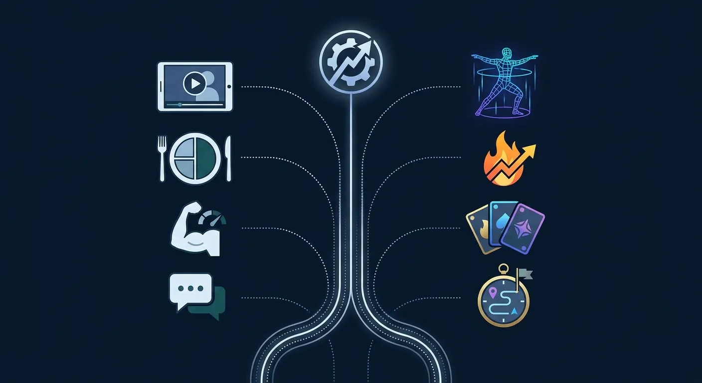 Comparação de recursos destacando coaching com IA, mecânicas de gamificação, coaching humano, suporte nutricional e rastreamento de sobrecarga progressiva nos apps de fitness