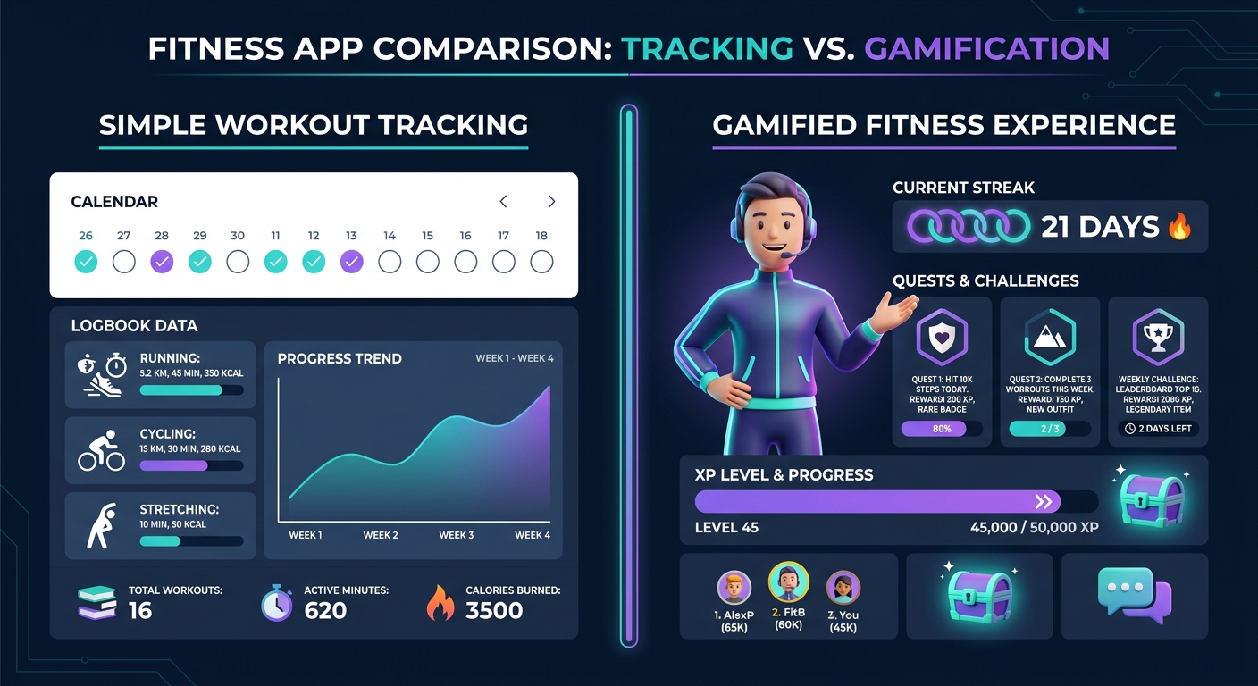 Side-by-side comparison of FitCraft gamified AI coaching versus Hevy workout tracking app interfaces