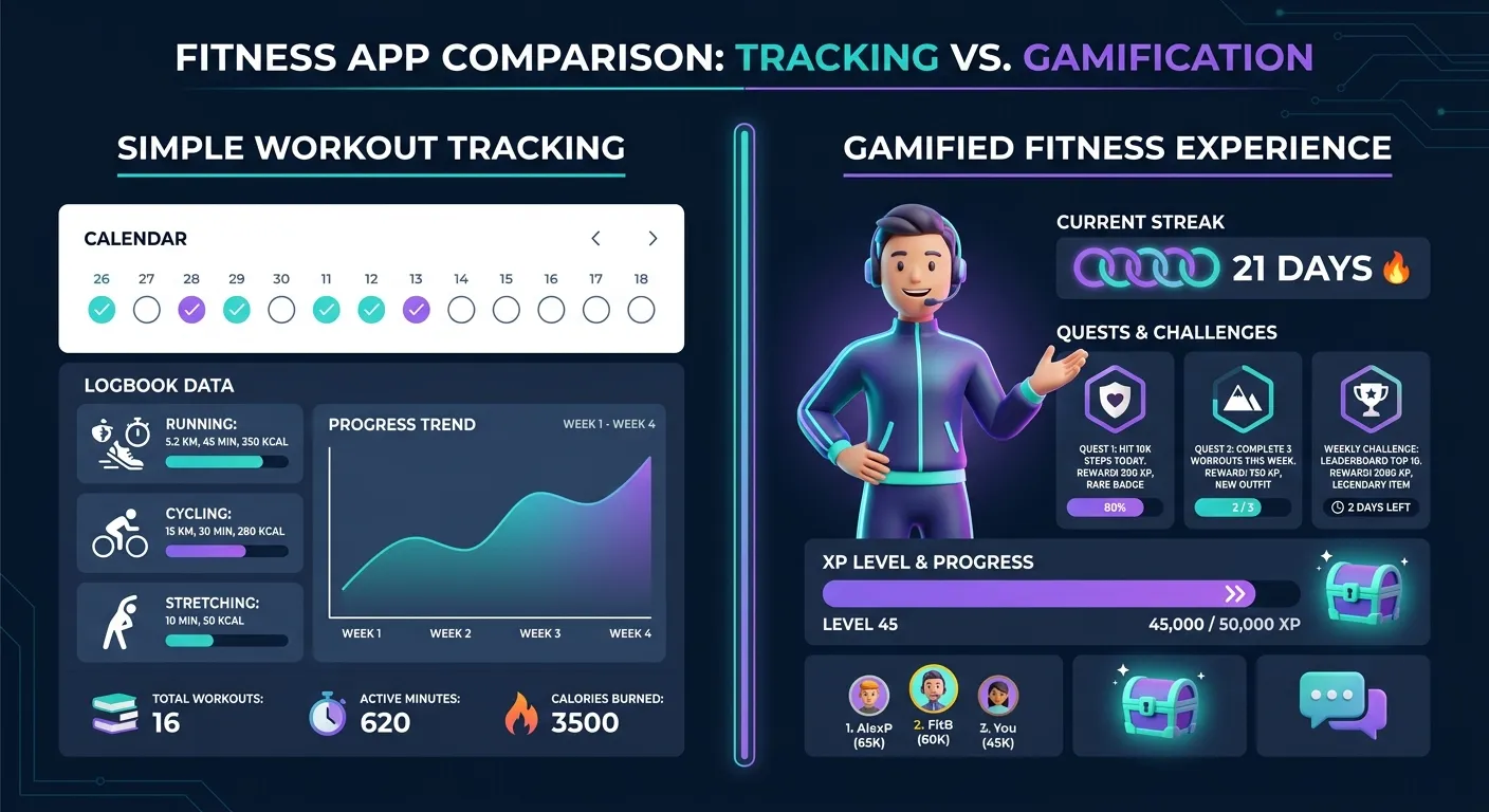Comparaison côte à côte du coaching IA gamifié de FitCraft et de l'interface de suivi d'entraînement de Hevy