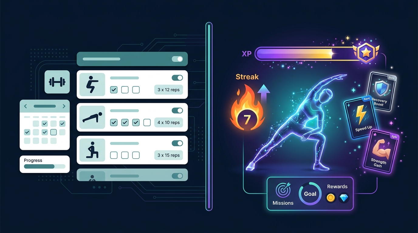 Feature comparison grid showing AI coaching, gamification, social features, exercise library, and smartwatch support across fitness apps