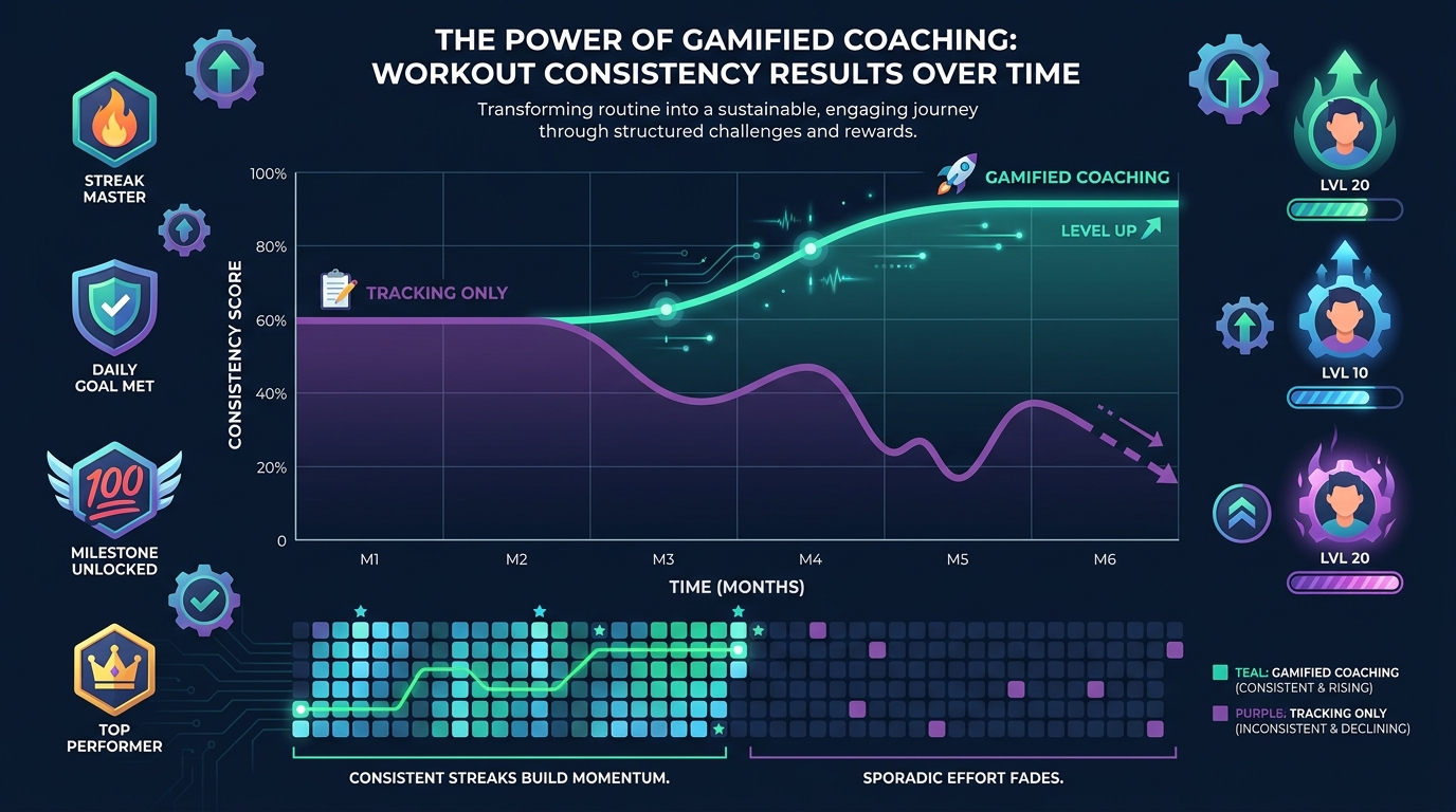 Graph showing workout consistency over time comparing gamified coaching with sustained engagement versus tracking-only approach with typical dropout