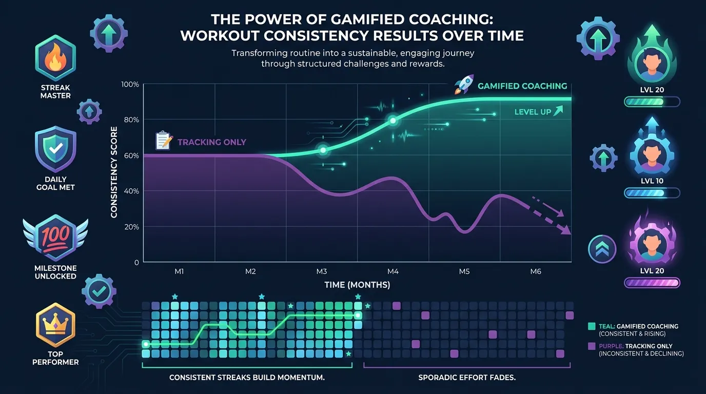 Graphique montrant la régularité des entraînements au fil du temps en comparant le coaching gamifié avec un engagement soutenu versus l'approche de suivi seul avec l'abandon typique