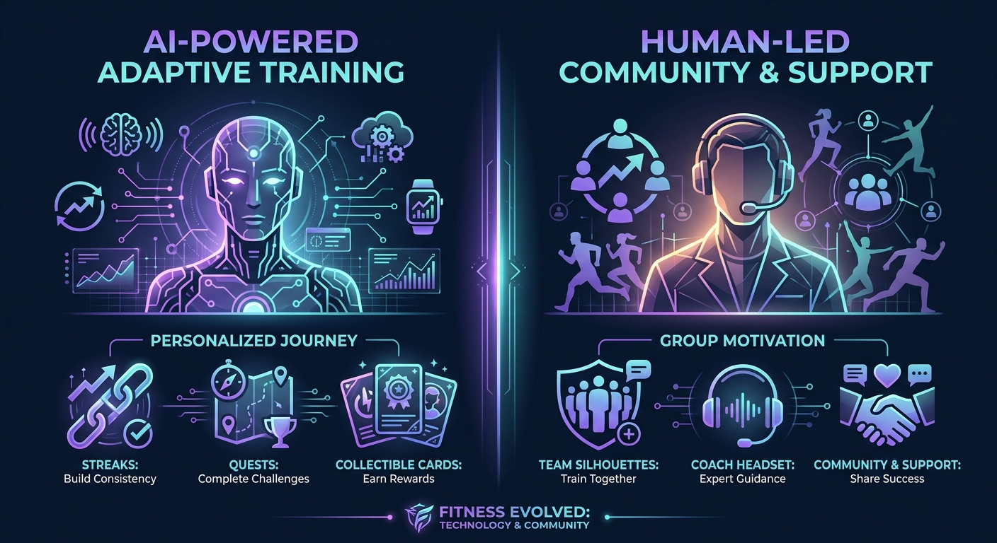 Side-by-side comparison infographic of FitCraft AI coaching with gamification versus Ladder human coach-led team training approach