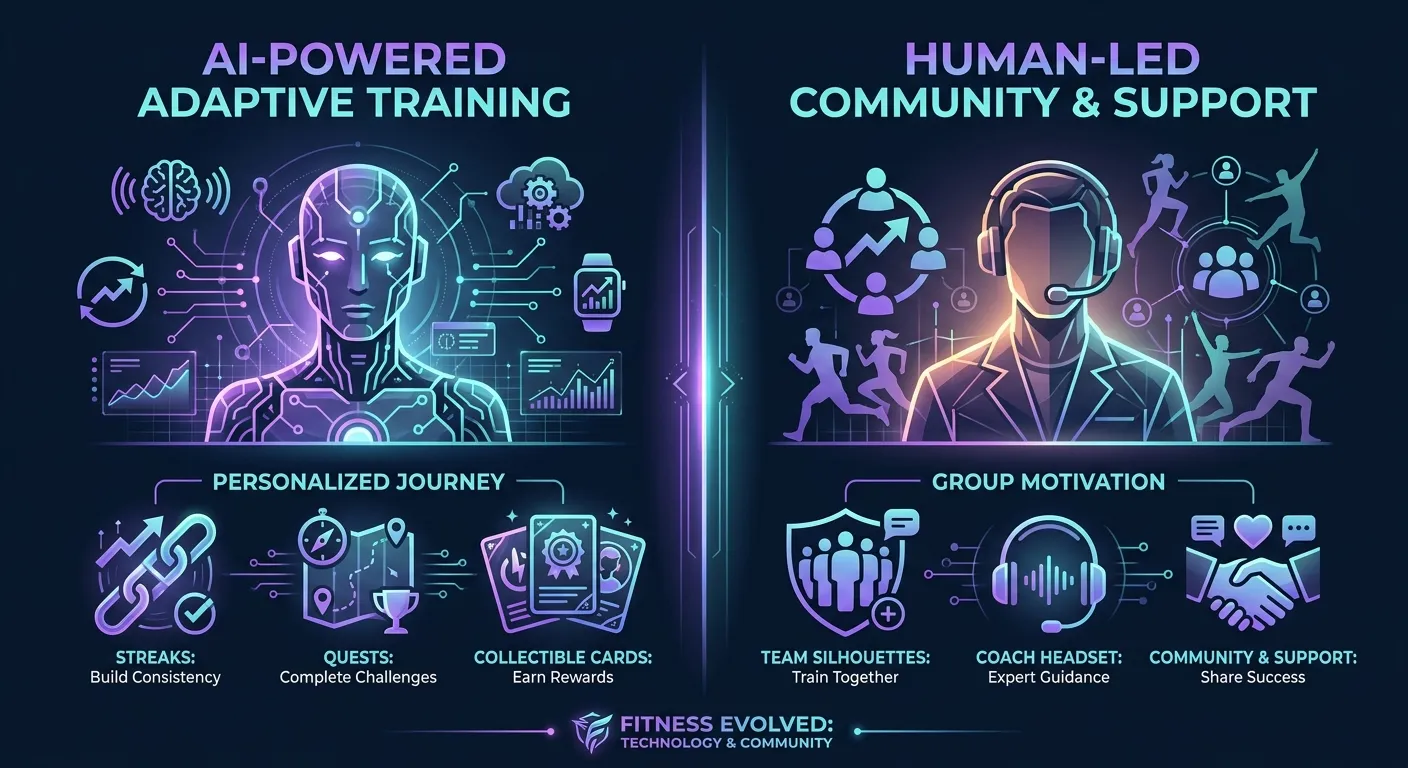Infografía de comparación lado a lado del entrenamiento con IA de FitCraft con gamificación versus el enfoque de entrenamiento liderado por entrenadores humanos en equipo de Ladder
