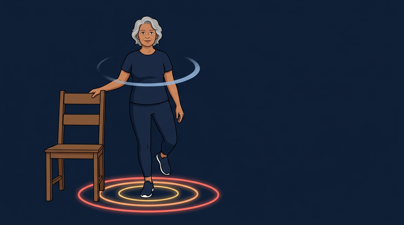 Older adult practicing single-leg balance training beside a chair for support to reduce fall risk
