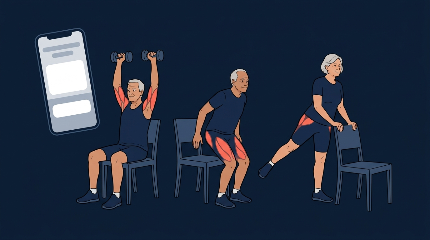 Older adults doing chair-supported strength exercises at home guided by a fitness app