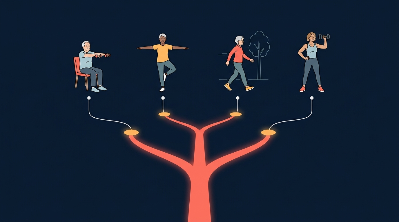 Decision paths for choosing a fitness app for older adults based on balance, seated exercise, walking, and strength goals