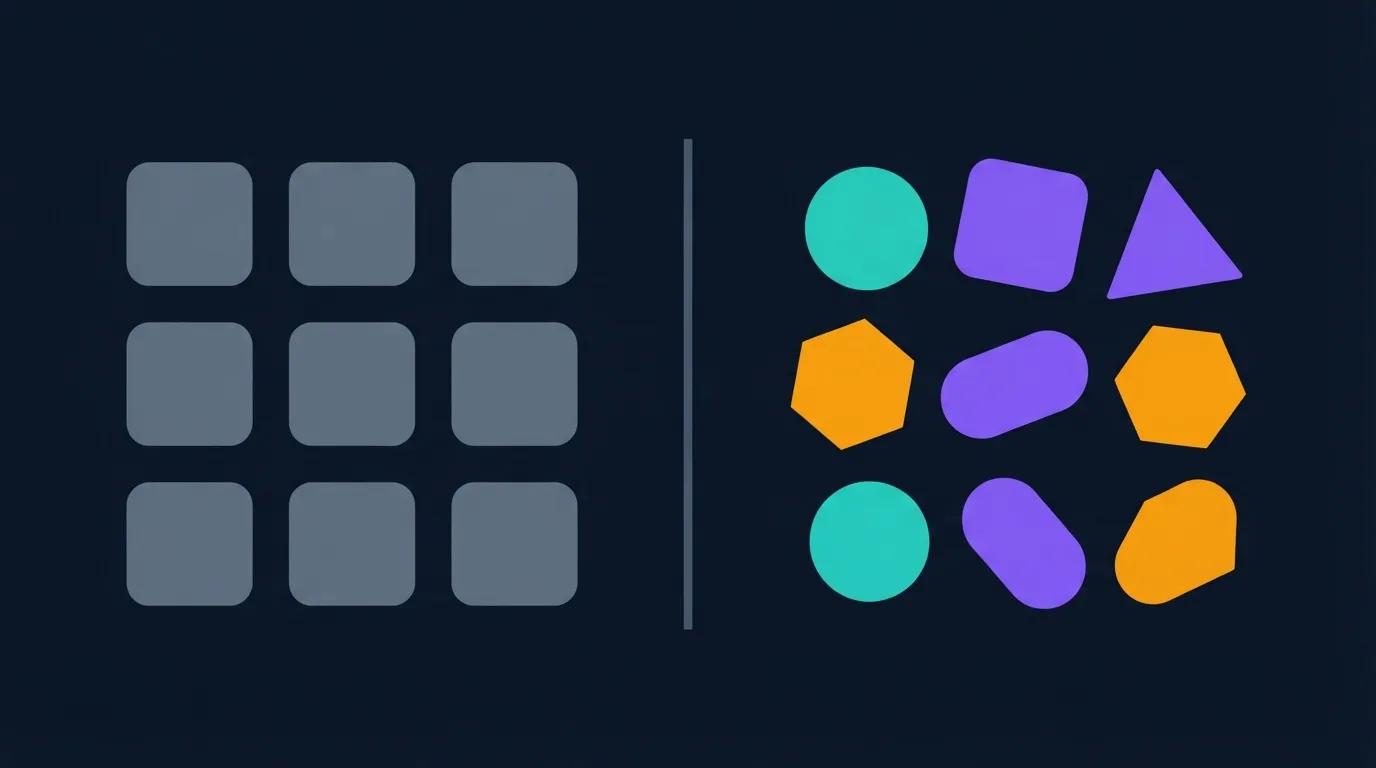 Nine identical grey squares beside nine varied colourful shapes, contrasting a repetitive workout app with one that keeps sessions varied
