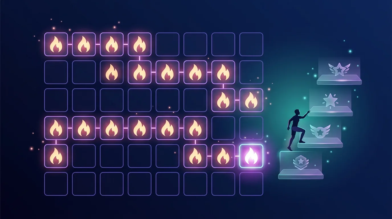 Workout streak calendar filled with flame icons next to a silhouette athlete climbing through glowing progression tiers with badges — illustrating gamified fitness consistency