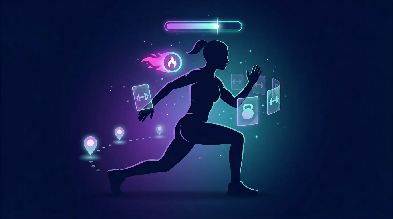 Athlete mid-workout with game HUD overlay — floating XP bar, streak flame, collectible workout cards, and waypoint trail — illustrating gamified fitness in action