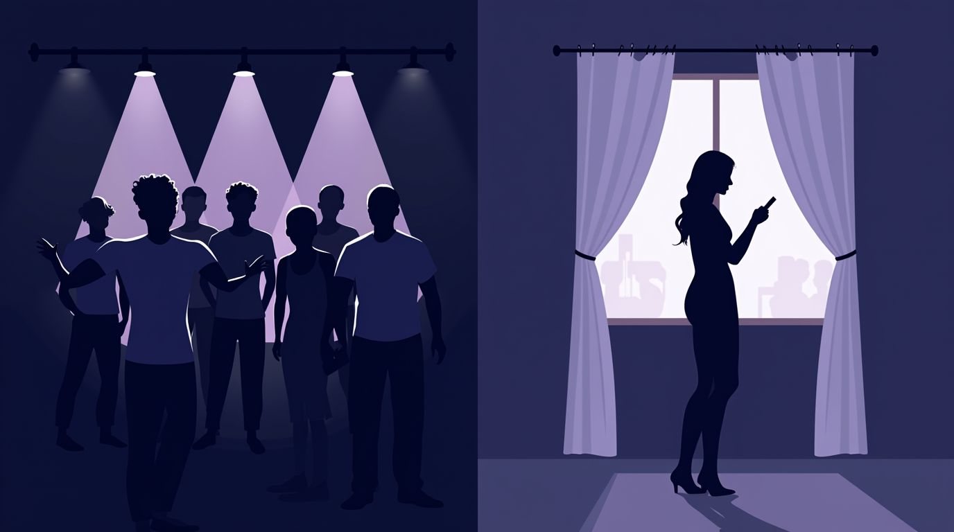 Illustration eines Vergleichs zwischen einem überfüllten Fitnessstudio und einer urteilsfreien Workout-App zu Hause