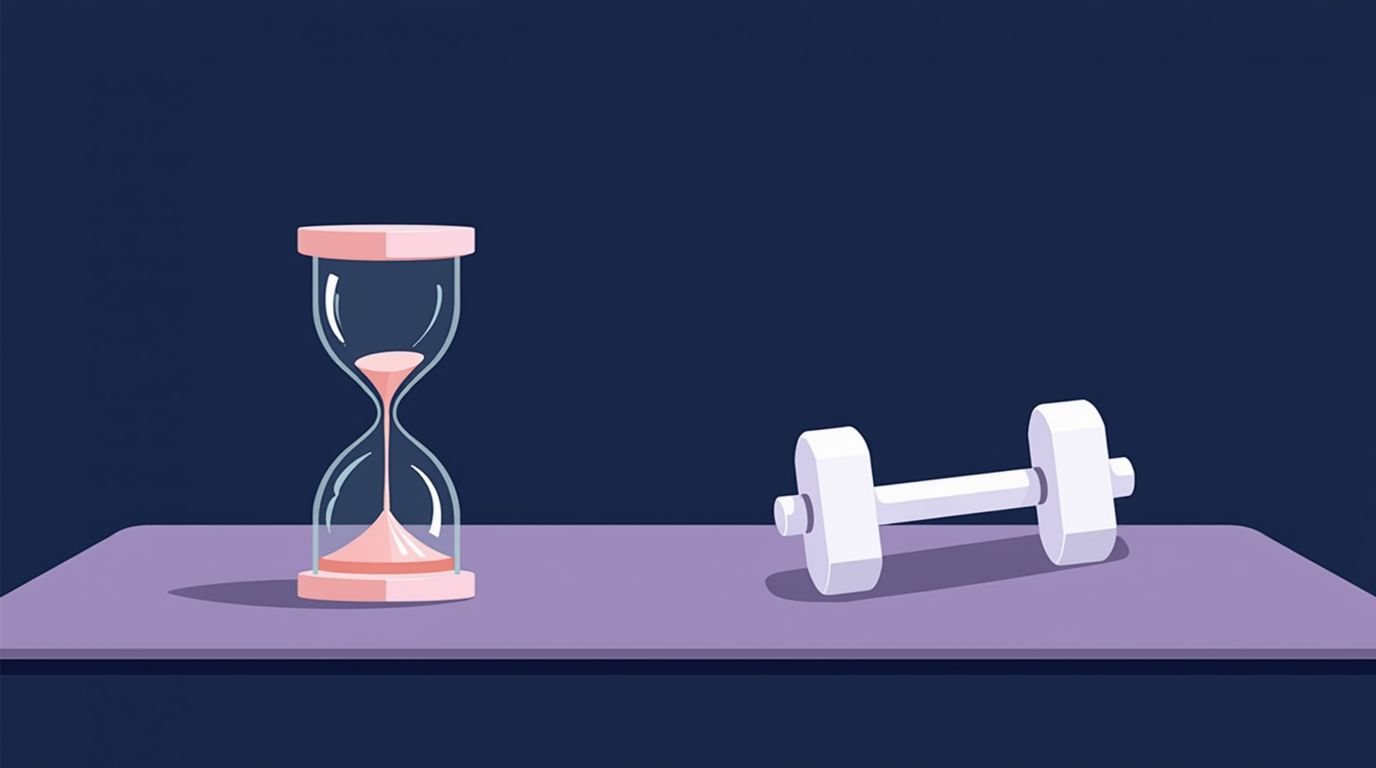 Concepto de sesión corta de entrenamiento de diez minutos con reloj de arena y mancuerna ligera