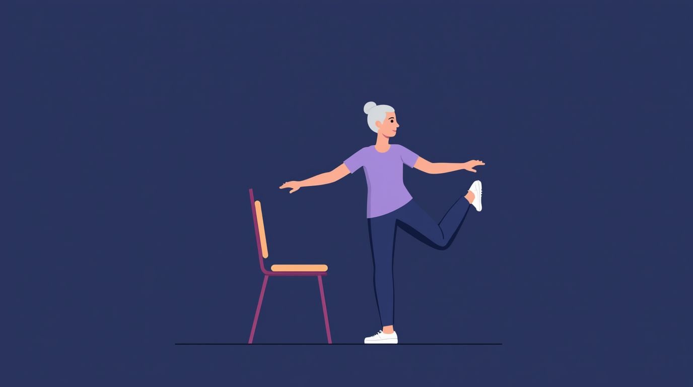 Exercice d'équilibre pour les adultes de plus de 50 ans avec appui de chaise à proximité