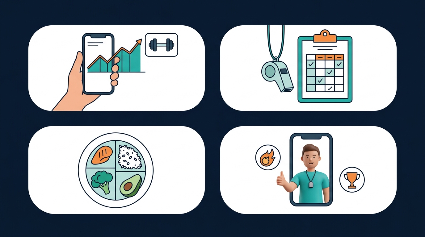 Illustration of fitness app categories: logging, structured programs, nutrition tracking, and gamified adherence coaching