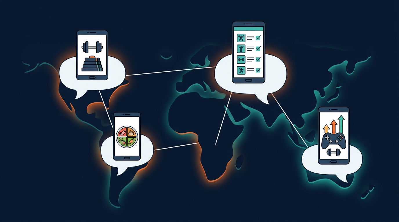 Editorial illustration mapping Reddit fitness communities to the apps they recommend for logging, programs, and nutrition