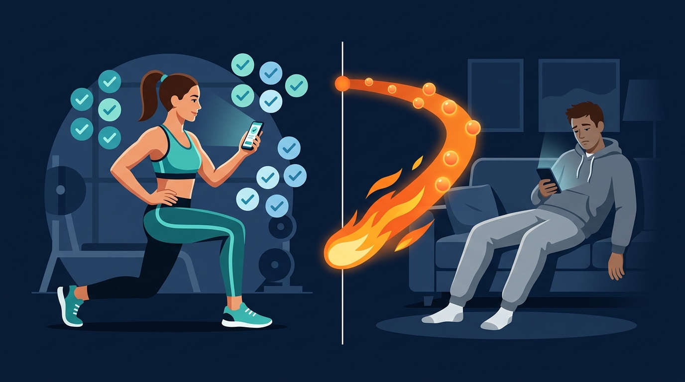Illustration contrasting workout tracking tools for consistent lifters with adherence support for people who quit fitness apps