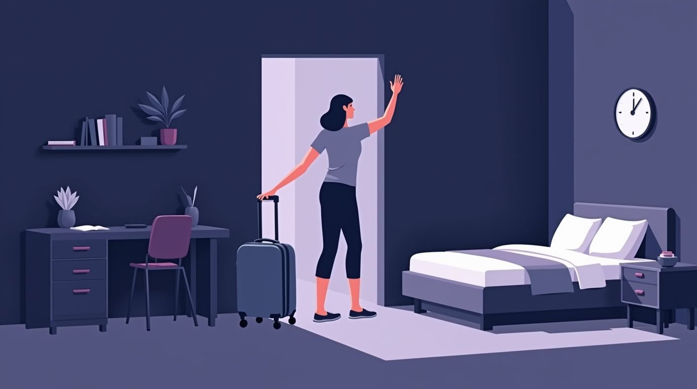 Hotelzimmer-Workout im kleinen Raum zwischen Bett und Schreibtisch auf Reisen