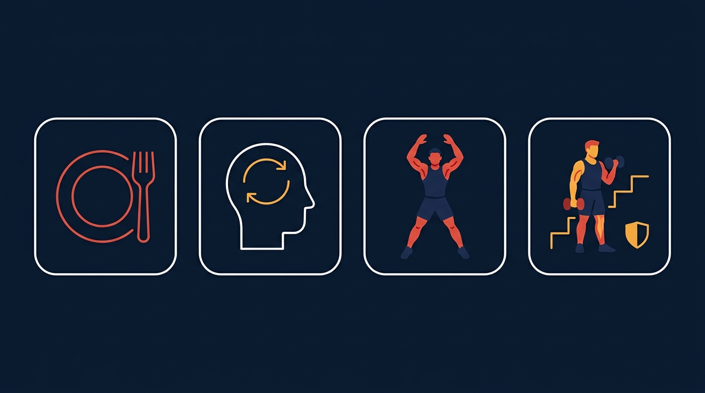 Illustration of four categories of weight loss apps: nutrition tracking, behavior coaching, all-round training, and habit-building fitness coaching