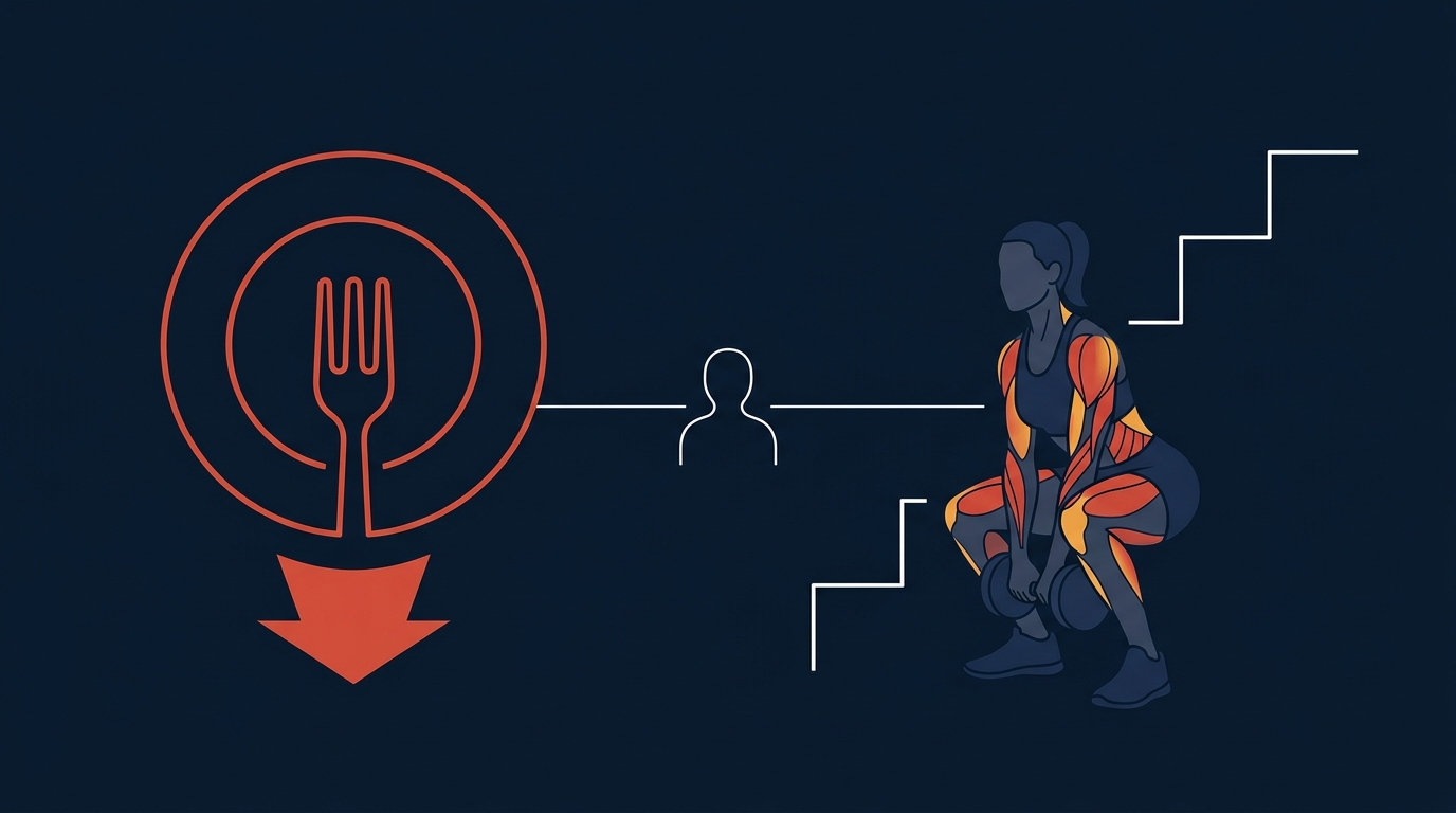 Illustration showing nutrition creating the calorie deficit while exercise contributes adherence, muscle preservation, and energy expenditure to weight loss