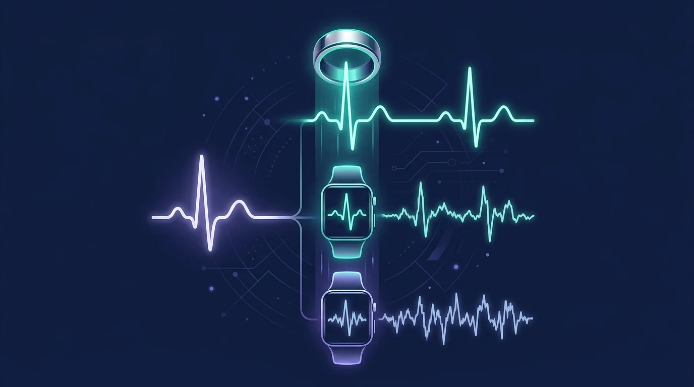 Concept illustration ranking wearable HRV measurement accuracy from a clean finger-ring signal at the top to a noisier wrist-watch signal lower down, with a chest-strap ECG shown as the reference standard