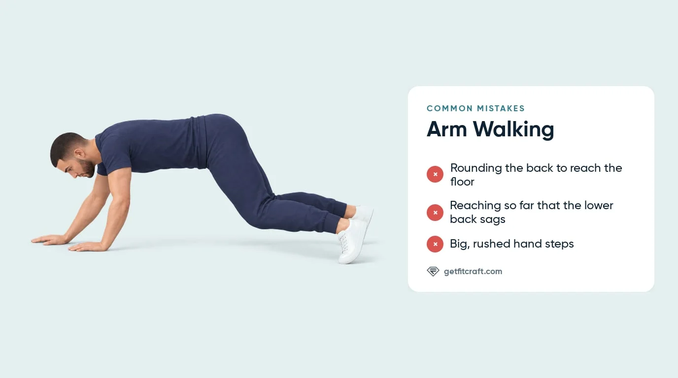 Arm walking done correctly beside common mistakes: a rounded back, reaching until the lower back sags, rushed steps