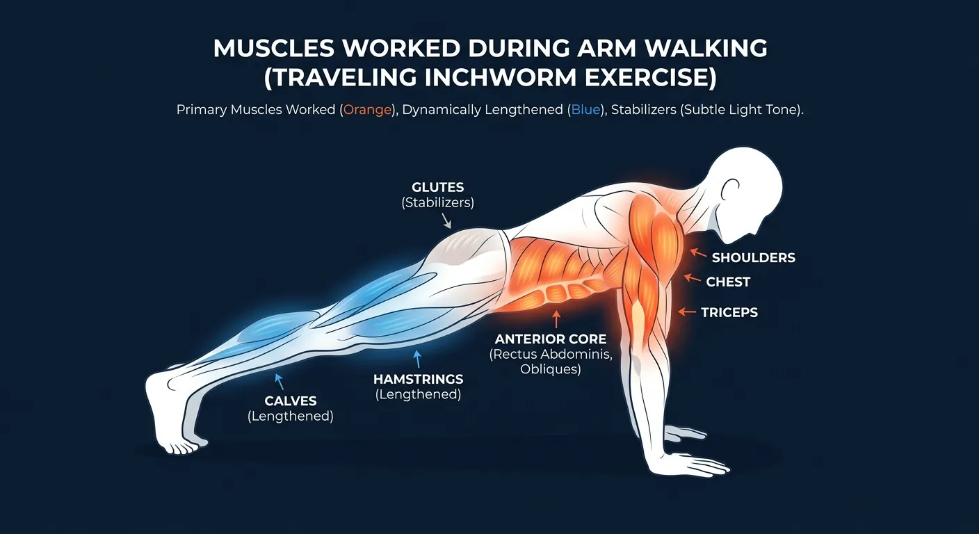 Arm walking muscles worked: anterior core, shoulders, chest, and triceps loaded in the plank phases while the hamstrings and calves are dynamically lengthened during the feet-in phase