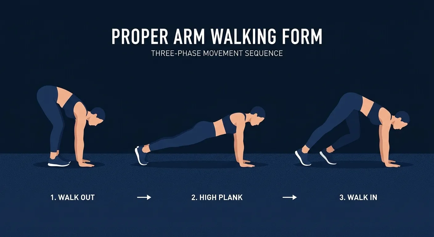 Arm walking proper form in three phases: standing forward fold with hands on the floor, hands walked out to a straight high plank, and feet stepping toward the hands with hips rising